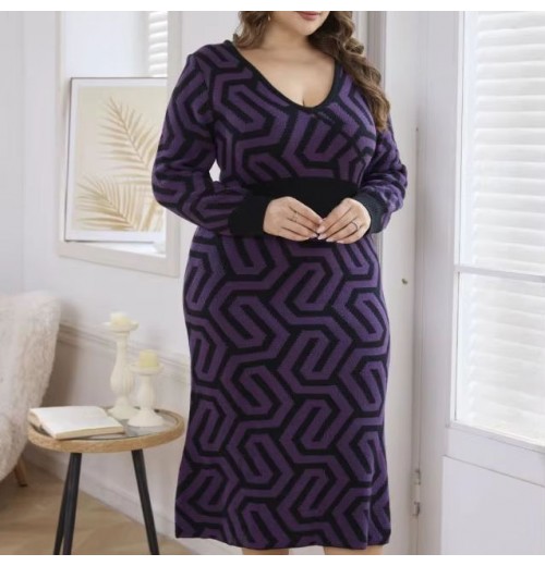 Long-Sleeved Geometric Print Shirt Hot Sales Euro-American Style Casual Maxi Vintage Women's knit dress