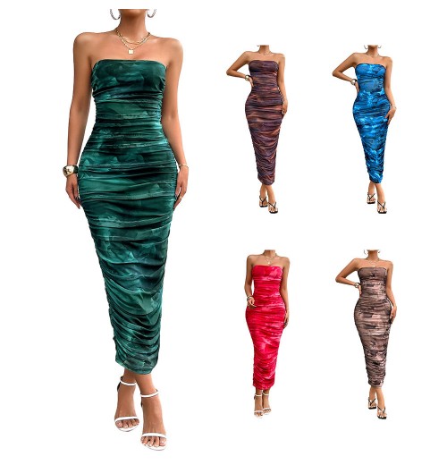 2024 Fashion New Pleated Bodycon Tube Dress Ladies Long Bandage Dresses For Women Elegant Wholesale