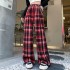 P4923 Vintage plaid drawstring high-waisted straight leg slacks