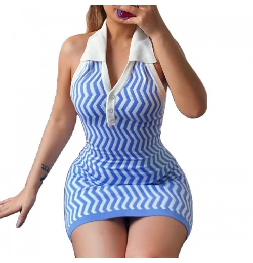 OEM/ODM Fashion Striped Polo Collar Sleeveless Backless Dresses Women Casual Lady Summer Elegant Mini Sexy Dress Women