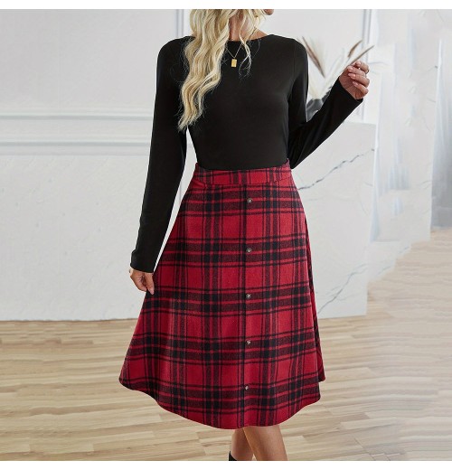 Wholesale Dresses Women Lady Elegant Casual Office Lady Clothing Spring And Autumn Casual Dress Red Plaid High Waist Skirt