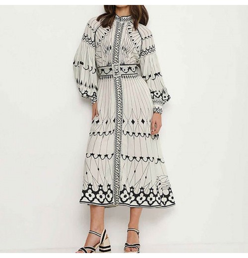 Women Vintage Patchwork Print Dress Lady Fashion Stand Collar Long Sleeve High Waist Midi Dresses Female Elegant Party Vestidos