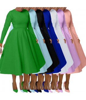 women's clothing fall 2024 elegant Fashionable Solid Color crew neck Pockets long sleeve A-Line midi dress