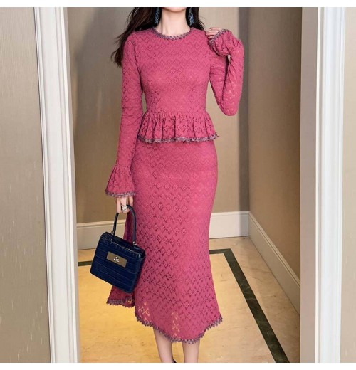 ZYHT 91365 Autumn Clothing Bodycon Formal Lace Ruffle Sleeve Hot Pink Long Dress Winter Clothes Women