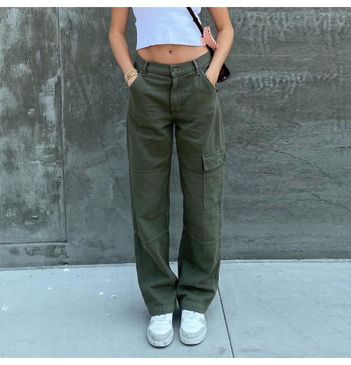 New Loose Casual Women's Cargo Pants Solid Color Single Side Zipper High Waist Straight Plus Size Women's Pants & Trousers