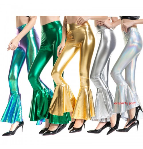 S-XXL Women Flare Shiny Trousers Laser Metallic Wetlook Ruffle Wide Leg Pants Retro 70s Disco Hippie Club Trousers Bell Bottoms