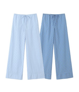 Autumn Woven Striped Print Wide Leg Trousers in Blue - Customizable XS Size